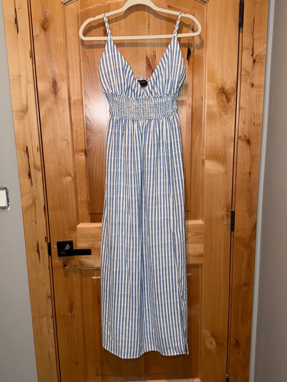 Arden B Blue & White Striped Smocked Waist Maxi Dress
